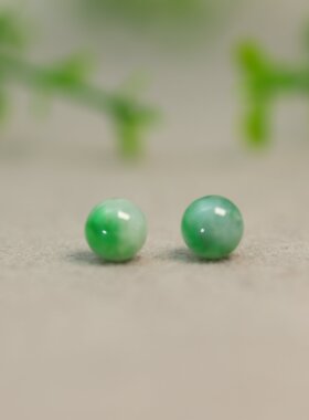 #N082 一对冰糯种飘绿花缅甸天然A货翡翠珠子7毫米圆珠散珠