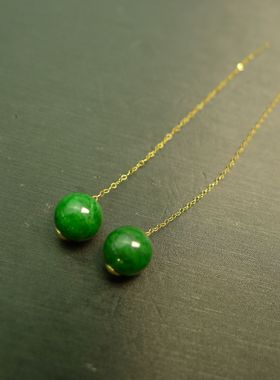 #C741一对18K金耳线镶嵌满色辣绿天然A货翡翠珠子耳坠