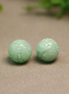 #E655一对浅绿色天然A货翡翠团寿龙纹雕花圆珠子