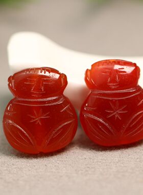 一对红色天然老玛瑙童子 通天孔 珠串配件