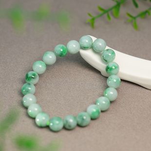 K403糯白底底飘绿花缅甸天然A货翡翠素面圆珠子手串手链