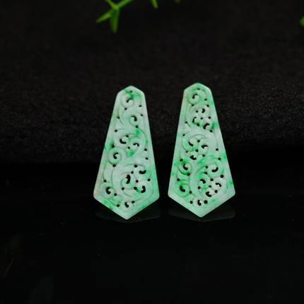 #K054一对飘阳绿缅甸天然A货翡翠镂空雕花耳坠花片裸石