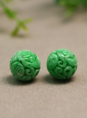 #D006一对15MM满色阳绿天然A货翡翠团寿龙纹雕花圆珠子佛珠顶珠