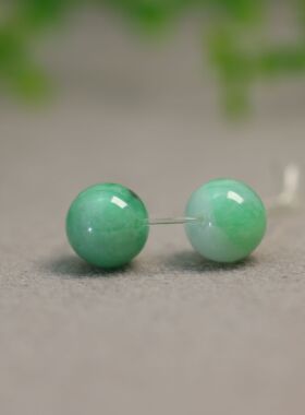 #J227一对糯种飘阳绿天然A货翡翠素面珠子 9.7MM圆珠顶珠