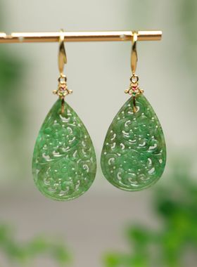 #K147 满色缅甸天然A货老翡翠镂空雕花水滴耳坠S925银镶嵌耳钩款