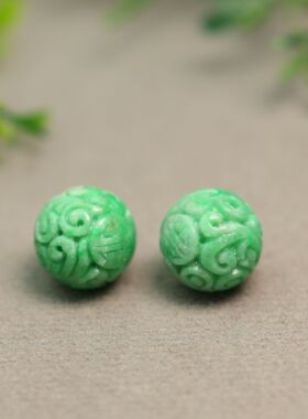 #G830阳绿天然A货翡翠雕花珠子 团寿龙纹圆珠佛珠顶珠