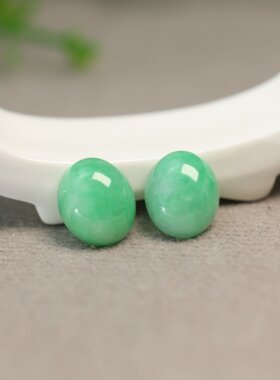 #N261 一对满绿缅甸天然A货翡翠椭圆形蛋面戒面 镶嵌戒指耳钉裸石