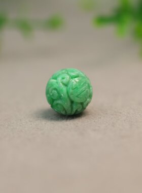#M782 满绿缅甸天然A货翡翠雕花珠子团寿缠枝圆珠佛珠顶珠念珠