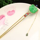 8700银镀金加红蓝宝石镶嵌满绿天然A货翡翠如意形复古簪子发簪