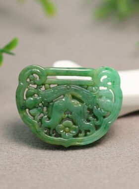 #H343黄加绿天然A货翡翠复古镂空吉庆有余如意锁牌吊坠挂坠