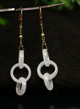 #D678一对18K金镶嵌白色冰种天然A货翡翠三连环耳坠