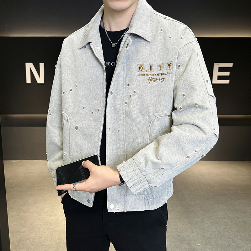 雷迪波尔官方设计感破洞牛仔外套男痞帅潮牌短款休闲高级感男装夹