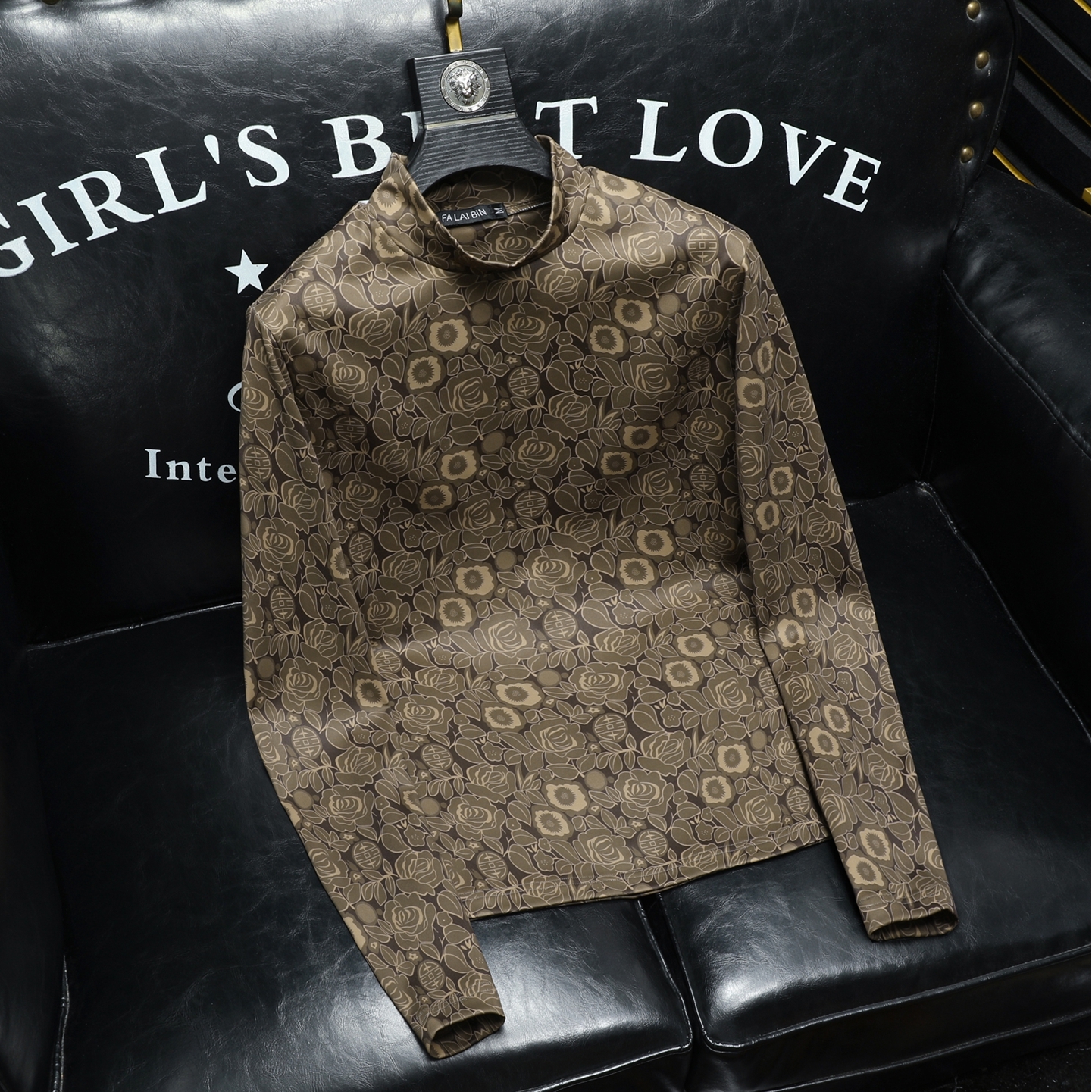 雷迪波尔官方男士时尚潮流半高领长袖花T恤秋冬新款韩版修身加厚