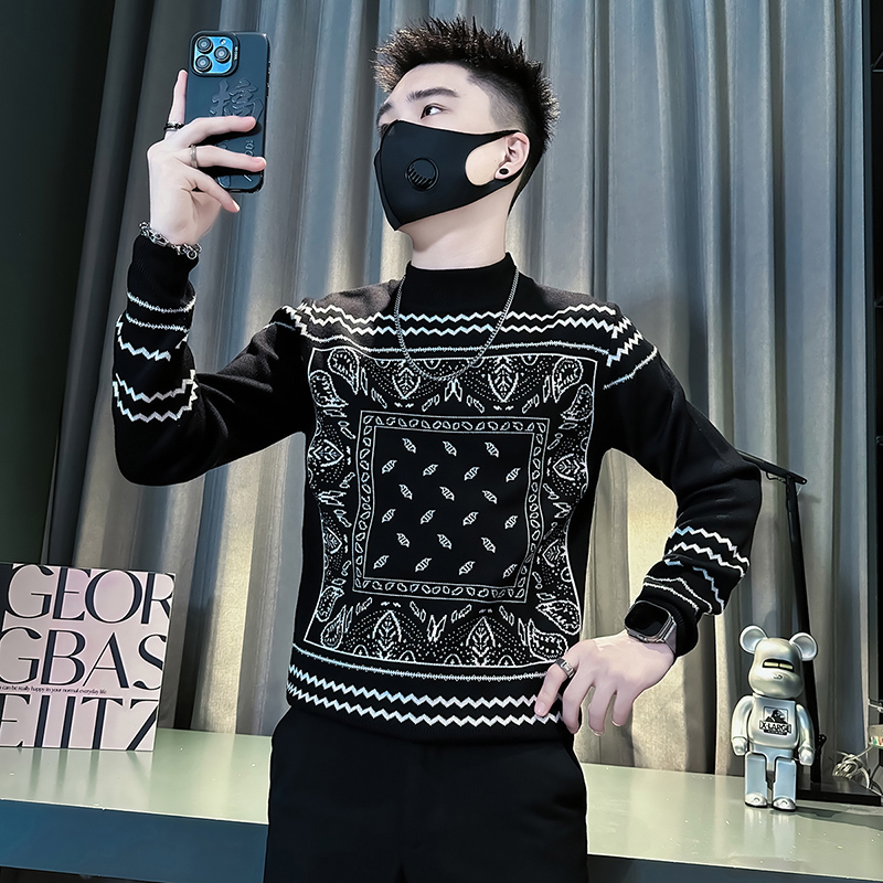 雷迪波尔官方民族风提花毛衣男款秋冬季新款长袖内搭半高领线衣打