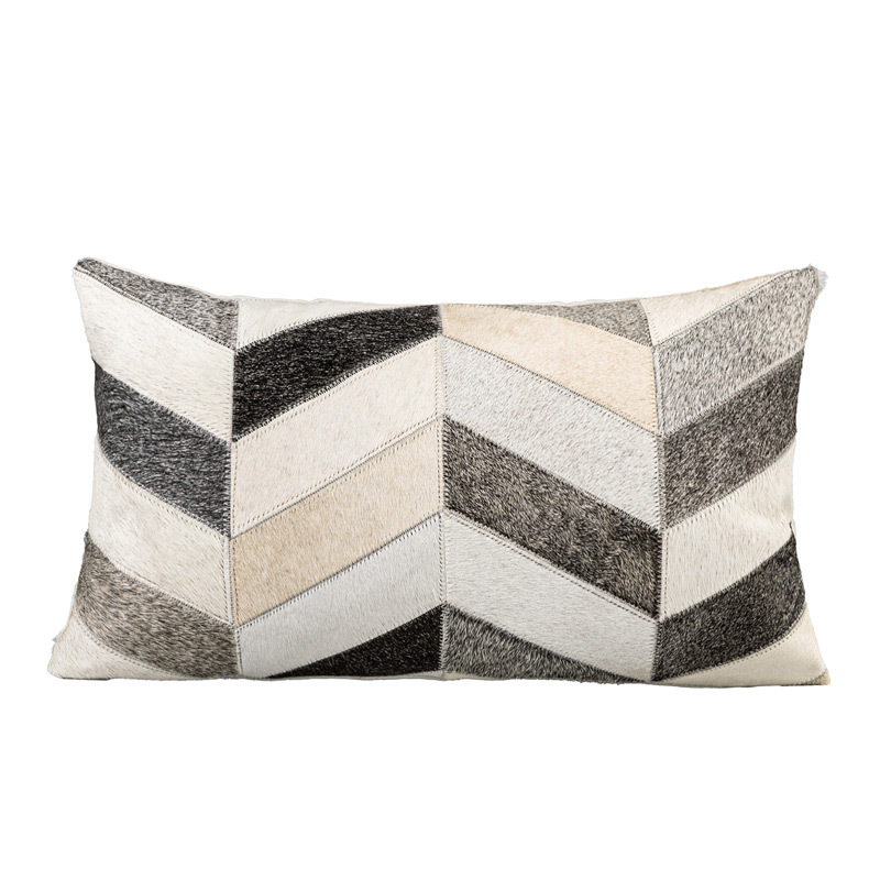 轻奢风黑灰色手工拼接高级真皮草沙发客厅长条腰枕套抱枕靠背枕