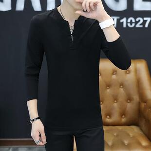 长袖男t恤V领秋冬季男士加绒体恤中国风男装纯棉修身打底衫上衣服