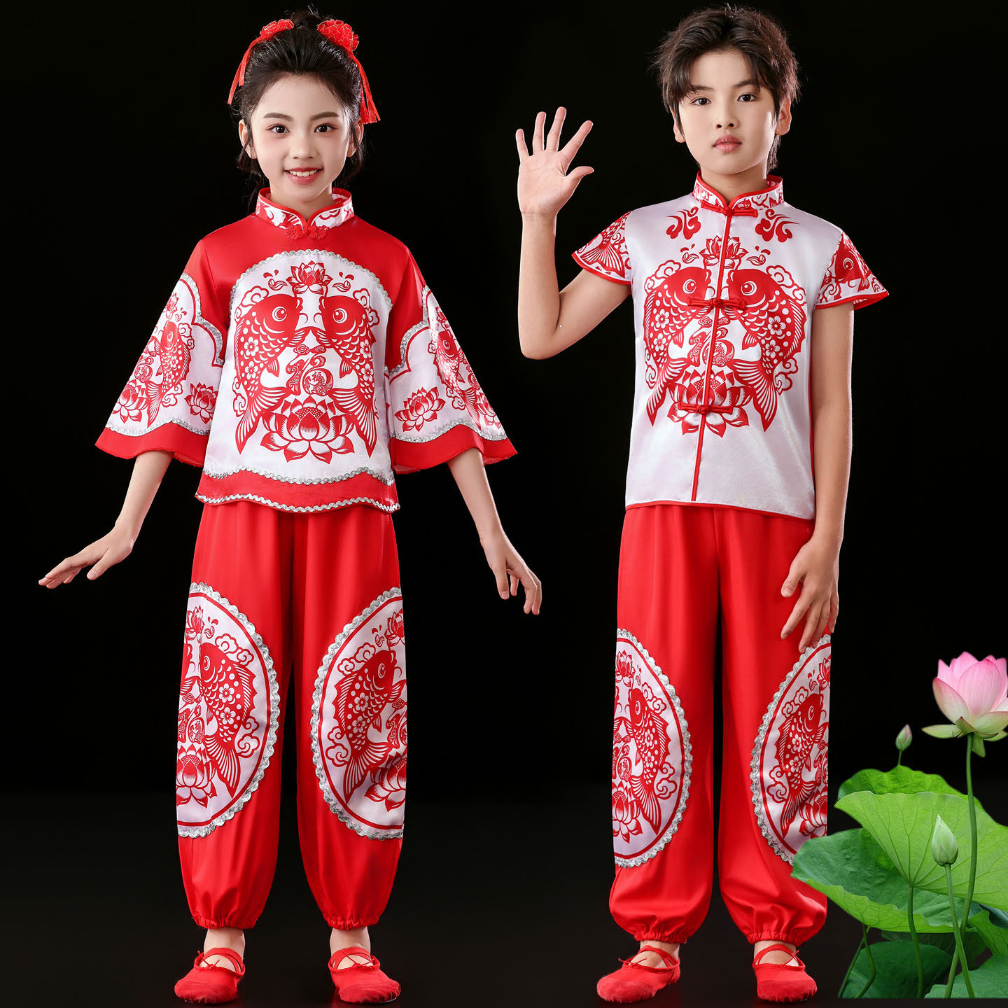 六一新款儿童秧歌舞蹈演出服男女红色喜庆打鼓服开门红扇子表演服