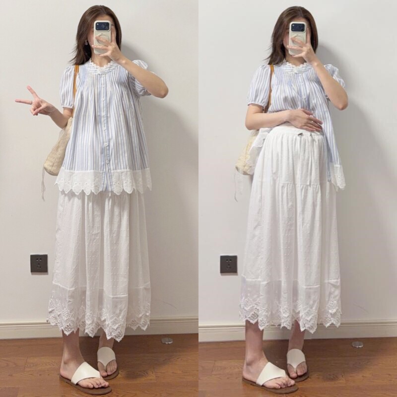 夏季孕妇两件套减龄花边领上衣条纹上衣猪鼻扣蕾丝半身裙2026年女