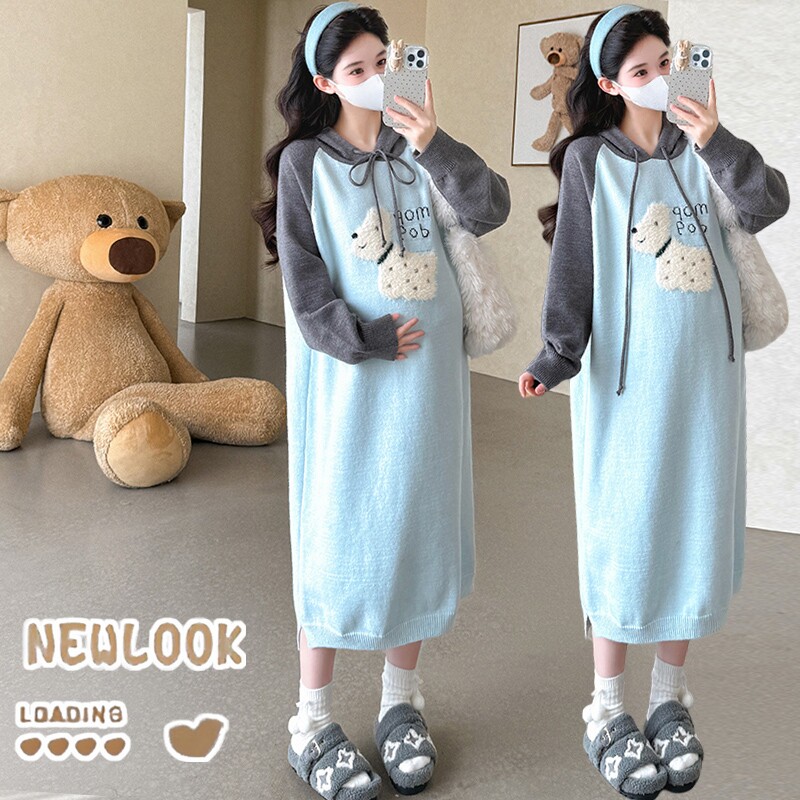 孕妇秋装韩版连帽撞色长袖针织中长款时尚设计感2025慵懒风连衣裙