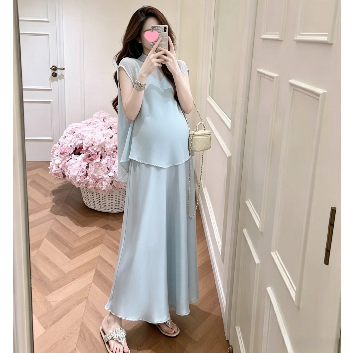 时尚孕妇两件套夏季气质短袖遮肚上衣纯色中长款吊带裙2026年女