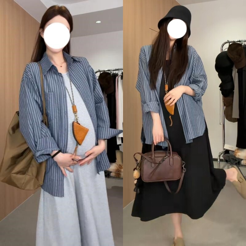 孕妇套装春季新款时尚复古条纹衬衫搭配大码宽松背心裙2026年韩版