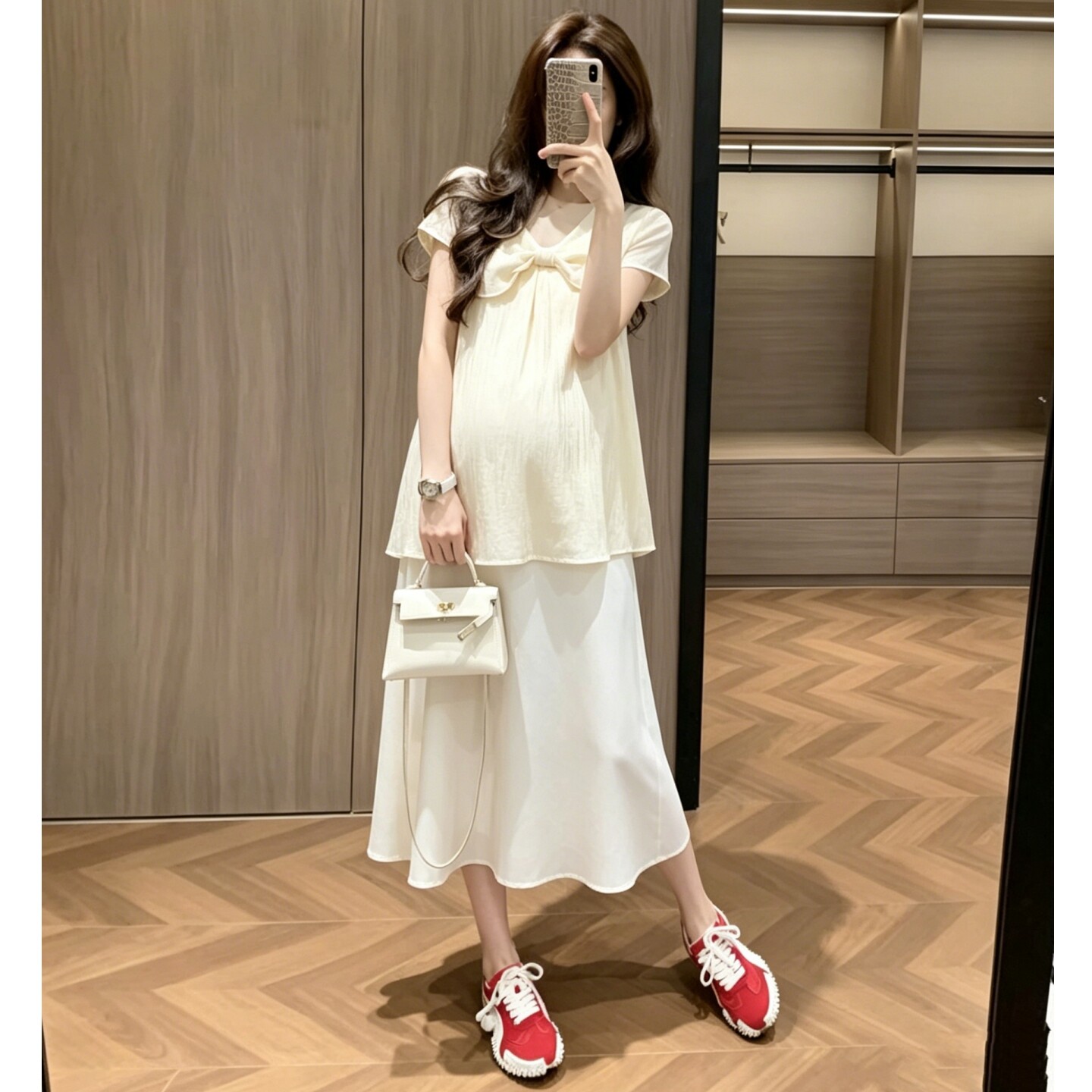 孕妇两件套新款时尚减龄蝴蝶结短袖上衣显瘦吊带裙2026年夏季女
