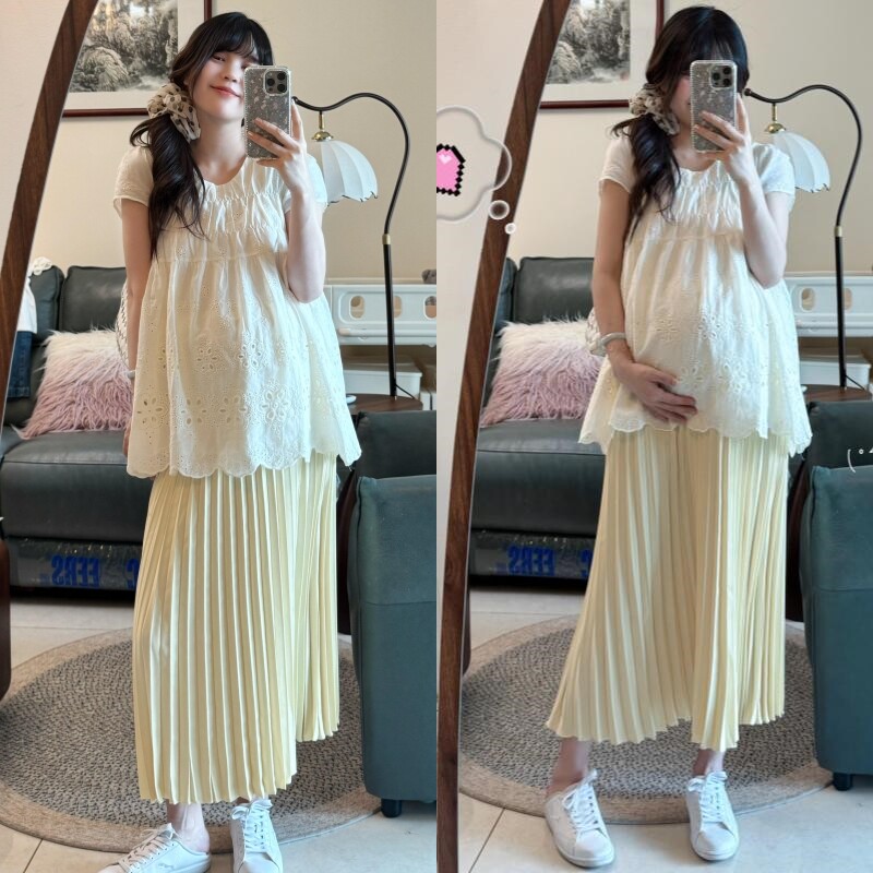 夏季孕妇套装时尚大码登记过镂空上衣托腹百褶裙2026年新款百搭女