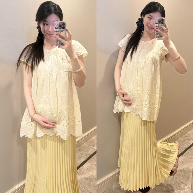 夏季孕妇两件套新款时尚镂空花朵圆领短袖上衣托腹半身裙2026年女