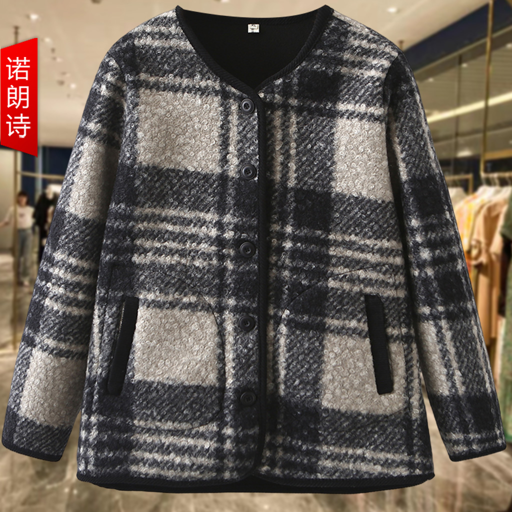 大码女装复古格子毛呢外套上衣冬