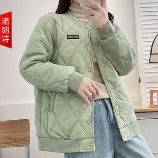 胖mm时尚洋气贴标棒球服外套春冬菱形格棉衣保暖宽松大码休闲棉服