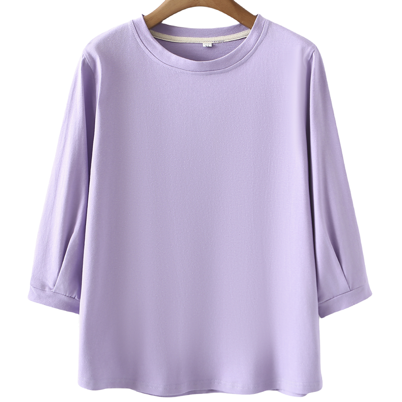 大码胖mm巨显瘦上衣七分袖灯笼袖圆领t恤别致设计感宽松打底衫秋