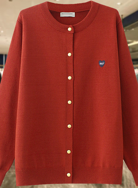设计感气质圆领针织衫开衫大码女装2026春装新款红色毛衣外套上衣