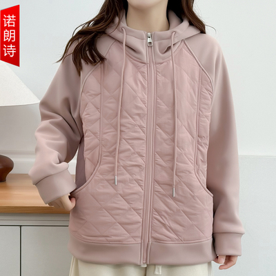 大码女装菱格夹棉连帽棉服外套冬