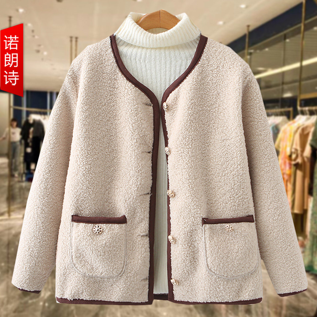 大码春冬颗粒绒小香风撞色外套胖mm宽松遮肉显瘦保暖仿羊羔毛上衣