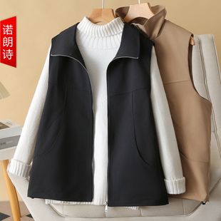 早秋简约百搭黑色马夹大码 遮肉200斤坎肩女 宽松胖mm拉链外套无袖