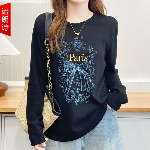大码女装时尚蝴蝶结印花长袖T恤