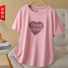 时尚百搭减龄粉色短袖t恤女大码胖mm夏季新款爱心字母印花上衣服