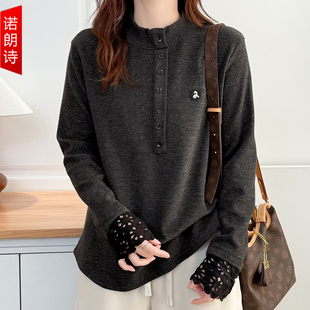 女装 蕾丝拼接气质减龄上衣加绒加厚大码 打底衫 胖mm半高领镂空长袖