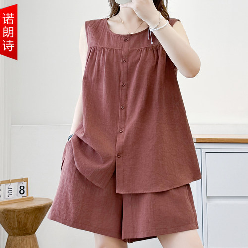 大码女装纯色休闲棉麻套装两件套