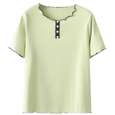 大码女装木耳边绿色短袖t恤简约