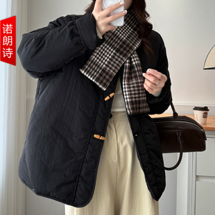 时尚 女装 别致夹棉棉服 大码 韩系设计感带围巾小木扣棉衣女2025冬季