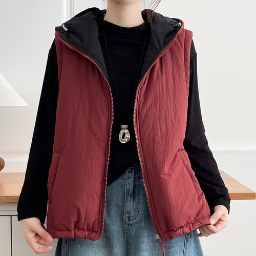 大码女装连帽棉马甲女时髦两面穿