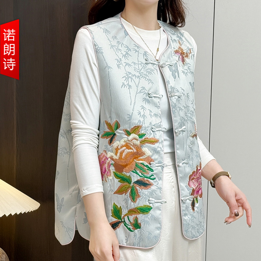 大码妈妈装国风牡丹花刺绣马甲春