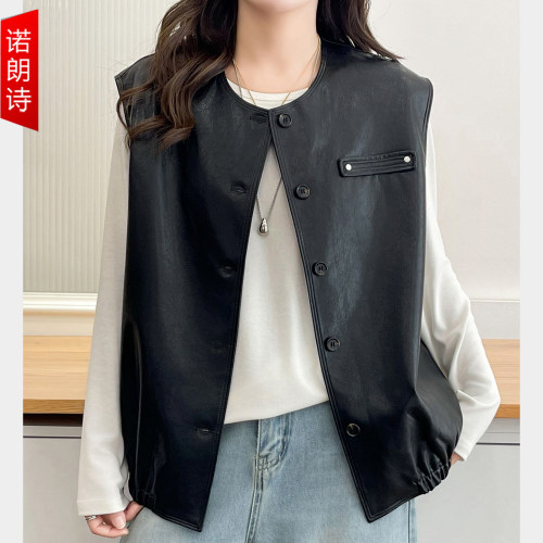 大码女装时尚复古PU皮气质马甲女