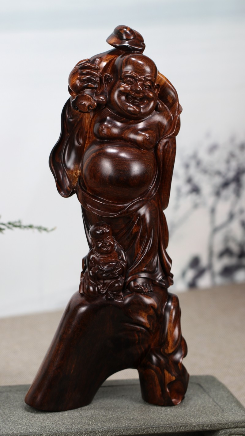 艺中堂海南黄花梨紫油梨木雕摆件如意弥勒红木艺术品家居装饰礼品
