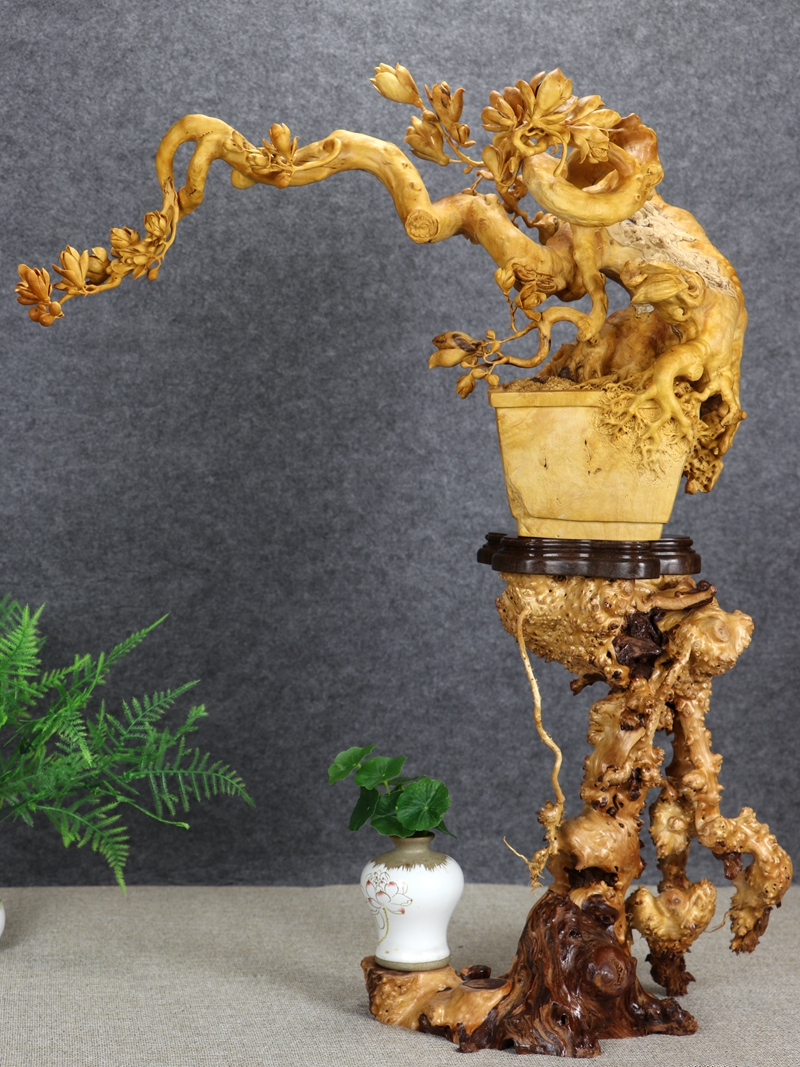 艺中堂正品黄杨木纯手工精雕玉兰花盆景木雕摆件红木工艺收藏礼品