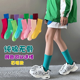 儿童袜纯棉无骨纯色袜秋冬季青少年抗气球袜运动男女中大童棉袜子