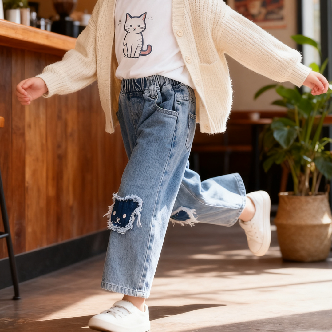 女童直筒秋裤牛仔裤2025新款儿童洋气春秋款休闲裤女孩宽松长裤子