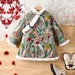 女童旗袍冬季中国风小女孩中长款唐装连衣裙儿童加绒保暖拜年衣服