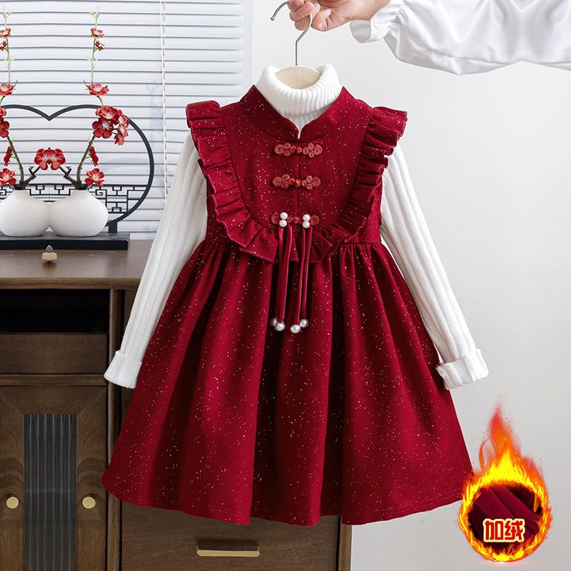 女宝宝冬季拜年服2025新款洋气女孩复古盘扣公主裙儿童红色连衣裙